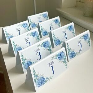 Table Numbers 1-8 with Blue Hydrangeas (3inH x 6inW each)